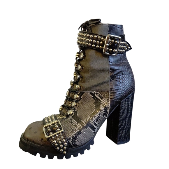 Jeffrey Campbell Shoes - Jeffrey Campbell Lilith Black And Gray Studded Snake Platform Heeled Booties 7